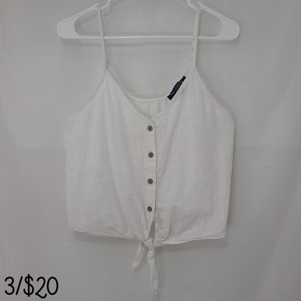 one clothing White Button Down Crop Top Front Knot Spaghetti Strap Shirt Large
